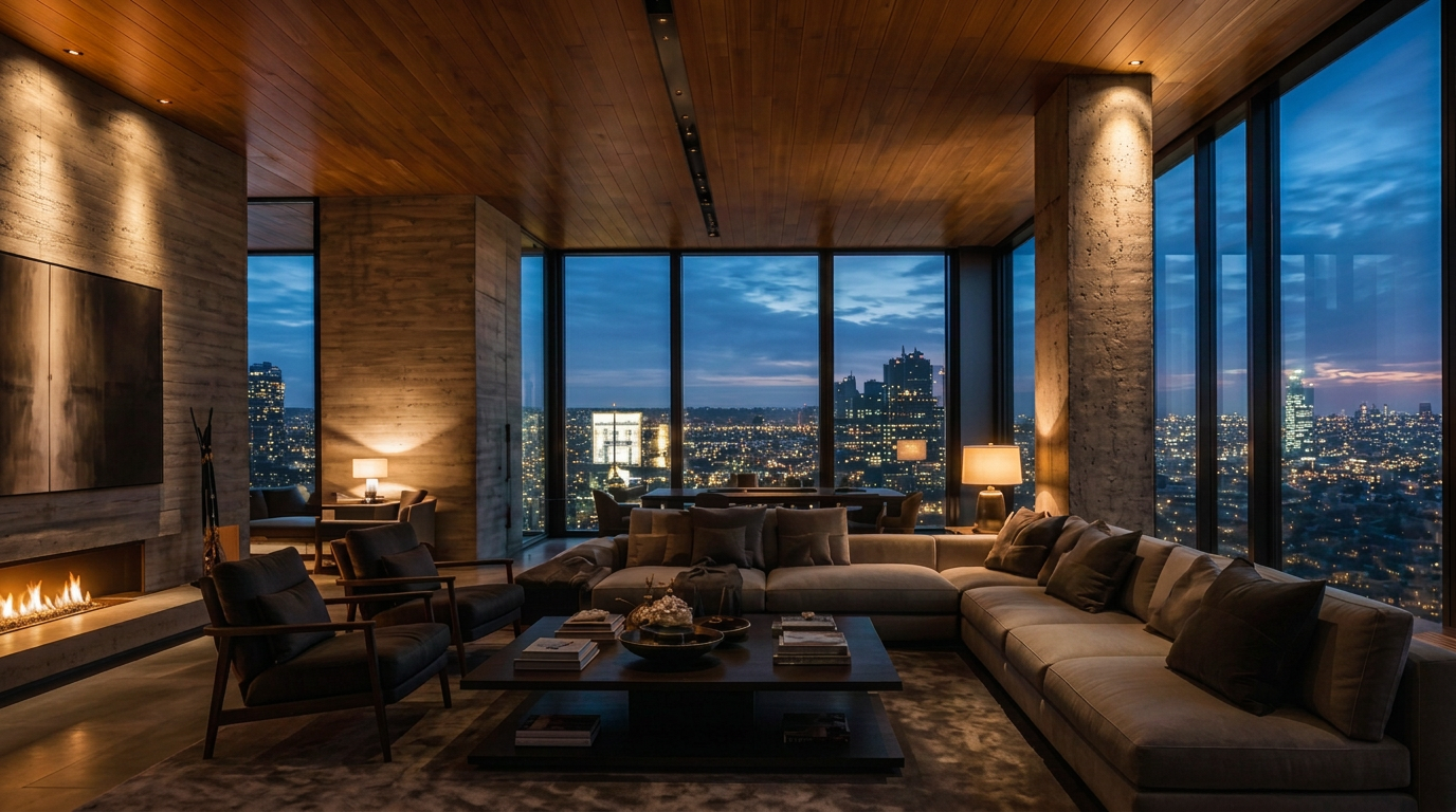 Dark concrete apartment interior overlooking a city skyline at night